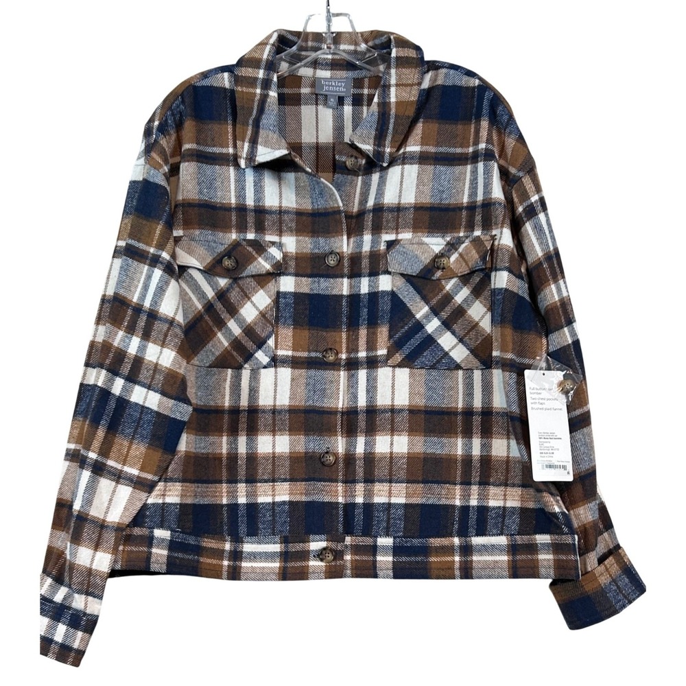 NWT Womens XL Flannel Bomber Jacket Brown Navy Shacket Gorpcore Layering Soft